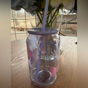Iridescent Butterfly Glass Jar Tumbler with Straw - Lavender Lid